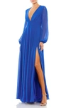 Ieena For Mac Duggal Long Sleeve Chiffon Gown In Royal Blue