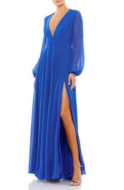 Ieena For Mac Duggal Long Sleeve Chiffon Gown In Royal Blue