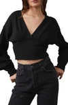 Free People All Nighter Long Sleeve Surplice Crop Top In Black