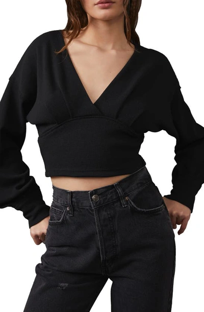 Free People All Nighter Long Sleeve Surplice Crop Top In Black