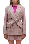 Maje Vinone Plaid Tie Waist Blazer In Burgundy