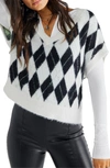 Free People Through The Motions Argyle Short Sleeve Sweater In Cream Onyx
