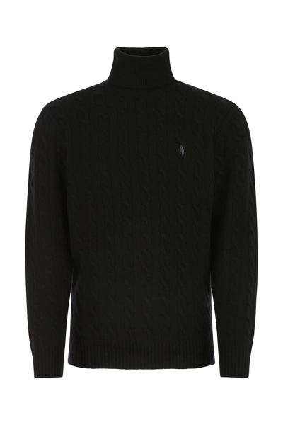 Polo Ralph Lauren Black Turtleneck In Cable Wool And Cashmere Knit With Contrast Logo Embroidery On The Chest Polo Ral