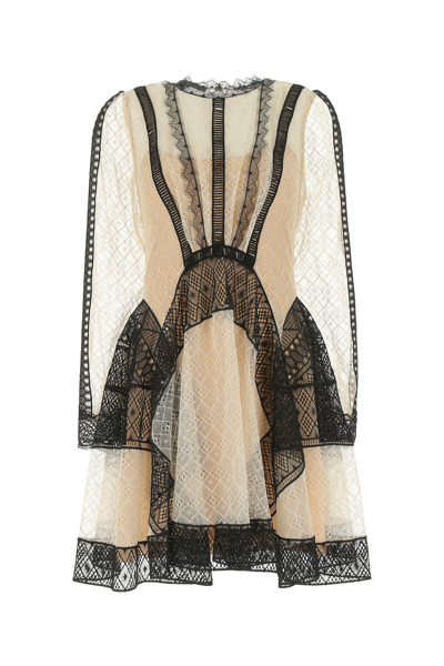 Alberta Ferretti Dress With Geometric And Floral Lace In Beige