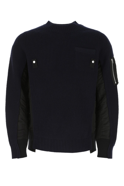 Sacai Crew-neck Waffle-knit Panelled Jumper In Black