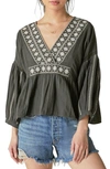 Lucky Brand Women's Embroidered V-neck Peasant Blouse In Washed Black