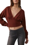 Free People All Nighter Long Sleeve Surplice Crop Top In Red Jasper