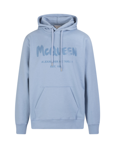 Alexander Mcqueen Men's Terry Graffiti Pullover Hoodie In Sky Blue
