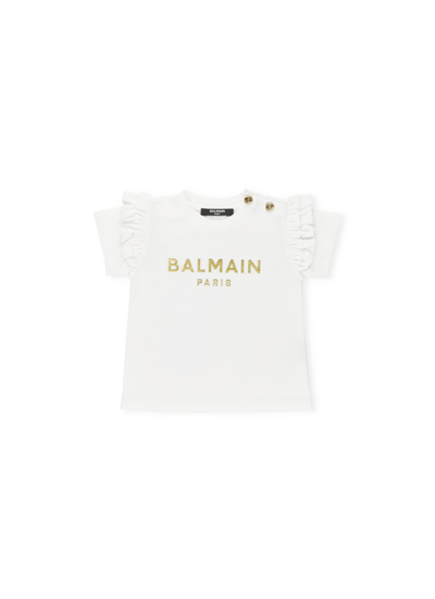 Balmain Babies' T-shirt With Logo In Bianco/oro