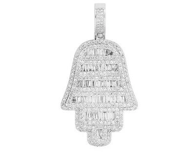 Pre-owned Jewelry Unlimited 14k White Gold Baguette Real Diamond Hamsa Hand Pendant 2.25" 5 1/2 Ct In F-g