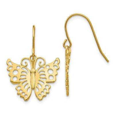 Pre-owned Superdealsforeverything Real 14kt Yellow Gold Dangle Butterfly Shepherd Hook Earrings