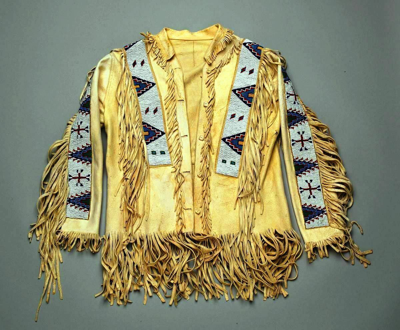 Pre-owned Handmade Old American Style  Dakota Beaded Buckskin Hide Powwow Jacket Pwp918 In Beige
