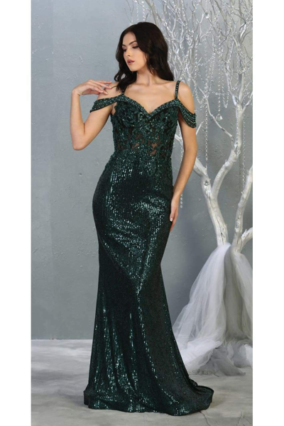 Pre-owned Designer Fancy Off Shoulder Formal Gown In Hunter Green