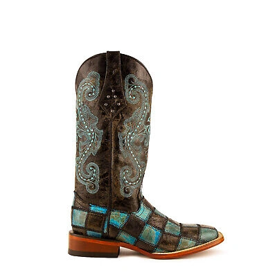 Pre-owned Ferrini Ladies Black/turquoise Leather Patchwork S-toe Cowboy Boots In Blue