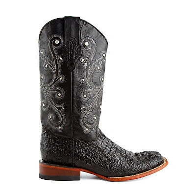 Pre-owned Ferrini Mens Black Leather Caiman Print S-toe Stampede Cowboy Boots