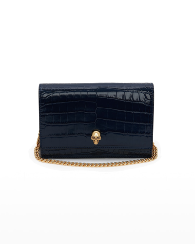 Alexander Mcqueen Mini Mock-croc Crossbody Bag With Small Skull In Navy