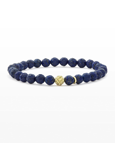 Lagos 18k Gold Caviar Icon Lapis Beaded Stretch Bracelet, 6mm In Silver/ Lapis
