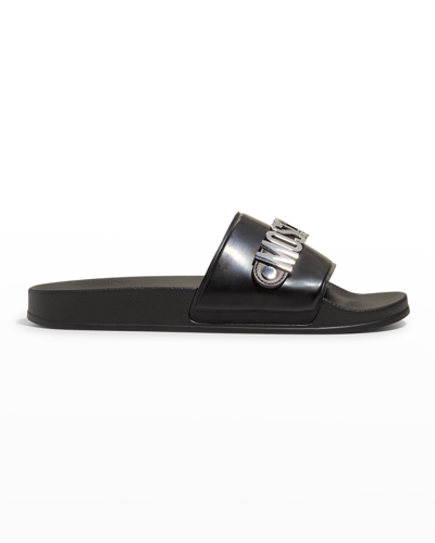 Moschino Men's Rubber Pool Slide Sandals W/ Metal Logo In Black Multi