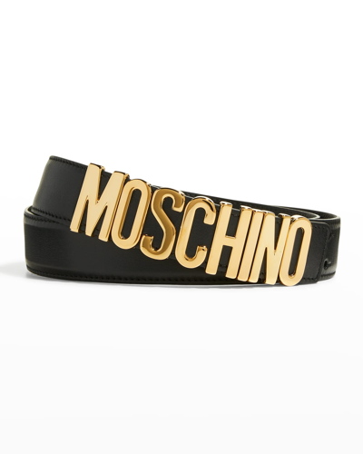 Moschino Men's Buckle-logo Leather Belt In Black Multi