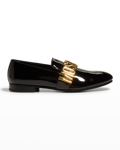 MOSCHINO MEN'S PATENT LEATHER METAL LOGO LOAFERS
