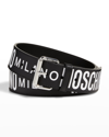 MOSCHINO MEN'S ALLOVER LOGO TWO-TONE LEATHER BELT