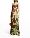 Johanna Ortiz Geataway To The Dooars Printed Cutout Hammered-silk Maxi Dress In Florals Jade Ambe