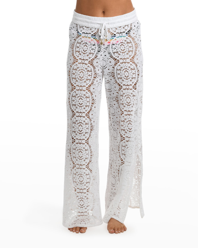 Sunshine 79 Adjustable Tie-waist Cotton Crochet Coverup Pants In White