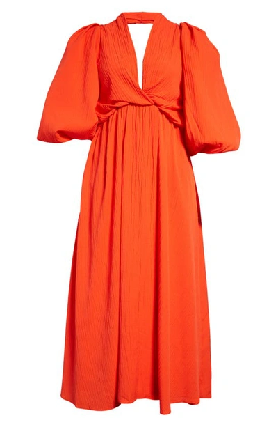 Asos Design Textured Drape Front Midi Dress With Open Back In Tomato Red