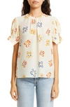 REBECCA TAYLOR FLAME FLORAL PRINT PUFF SLEEVE SILK BLOUSE