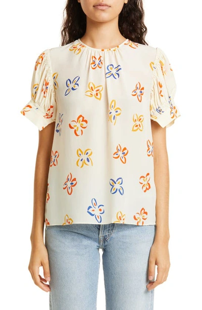 Rebecca Taylor Flame Floral Print Puff Sleeve Silk Blouse In Flame Fleur Tapioca Combo