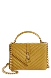 Saint Laurent College Medium Ysl Matelasse Lambskin V-flap Crossbody Bag With Golden Hardware In Golden Olive