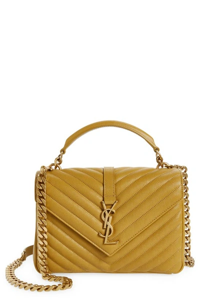 Saint Laurent College Medium Ysl Matelasse Lambskin V-flap Crossbody Bag With Golden Hardware In 3331 Golden Olive