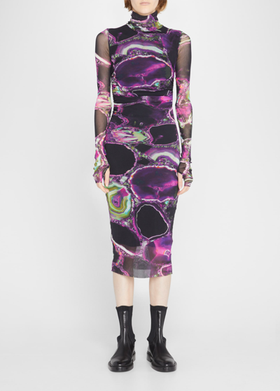 Fuzzi Abito Collo Alto Print Ruched Long Sleeve Mesh Dress In Rosa Pesco |  ModeSens