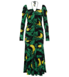 Ganni Palm Print Long Sleeve Gathered Jersey Dress In Black