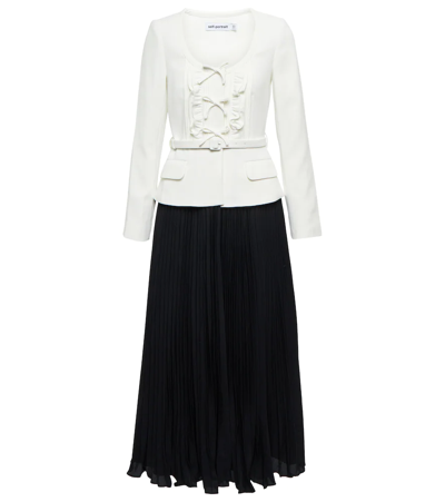 Self-portrait Belted Bow-embellished Crepe And Chiffon Midi Dress In Black,white