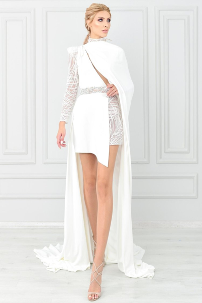 Jean Fares Couture Long One Sleeve Cocktail Dress