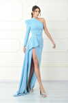 JEAN FARES COUTURE ONE LONG SLEEVE SLIT GOWN