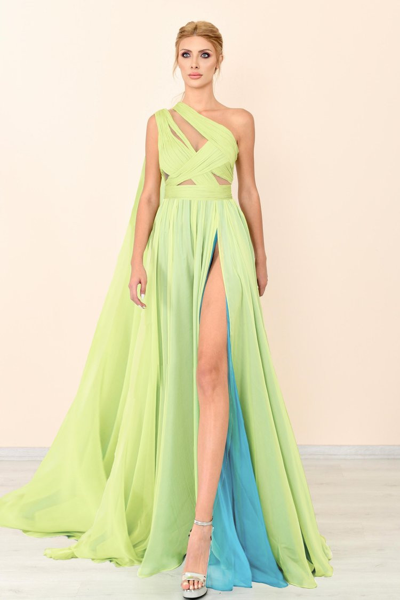 Jean Fares Couture Cutout One Shoulder Pleated Slit Gown