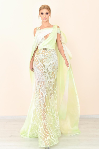 Jean Fares Couture Draped Fit And Flare Gown