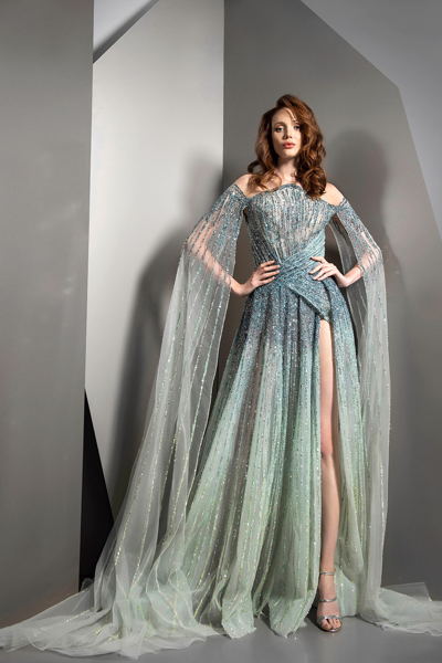 Ziad Nakad Illusion Neck Cape Sleeve Embellished Gown