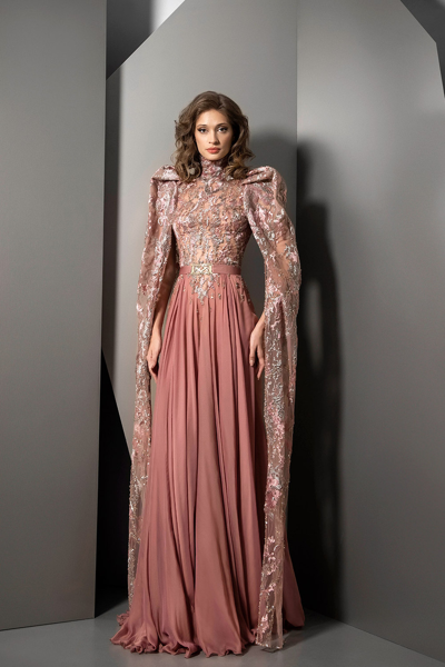 Ziad Nakad Long Cape Sleeve Pleated Gown