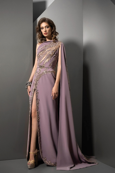Ziad Nakad One Shoulder Draped Cape Sleeve Slit Gown