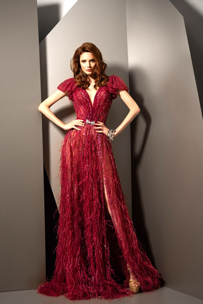 Ziad Nakad Short Sleeve Feathered Slit Gown