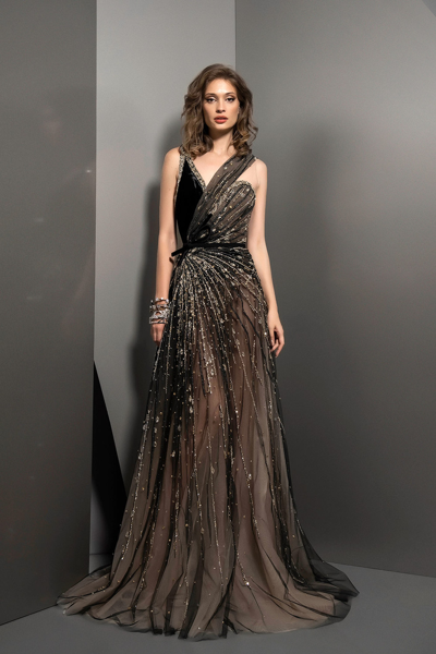 Ziad Nakad Sleeveless Embellished V-neck Gown