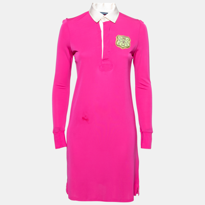 Pre-owned Polo Ralph Lauren Pink Jersey Embroidered Long Sleeve Dress S