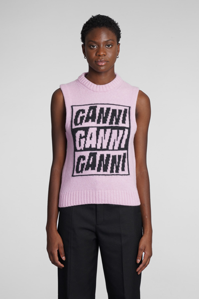 Ganni Intarsia-logo Knitted Vest In Pink