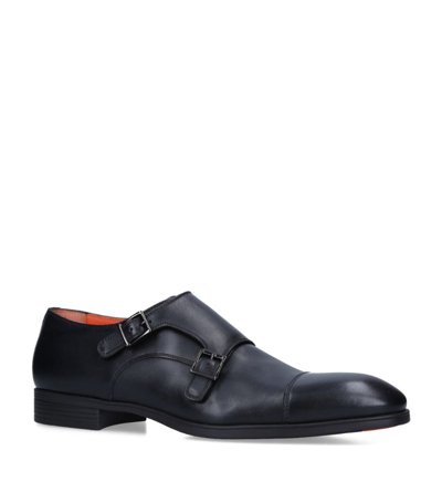 Santoni Leather New Simon Double Monk Shoes In Black