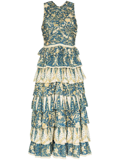 Ulla Johnson Joyce Tiered Floral Cotton-blend Poplin Dress In Blue,red