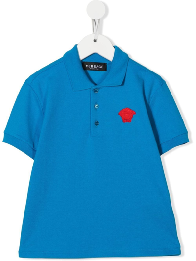 Versace Kids' Medusa-motif Cotton Polo Shirt In Blue