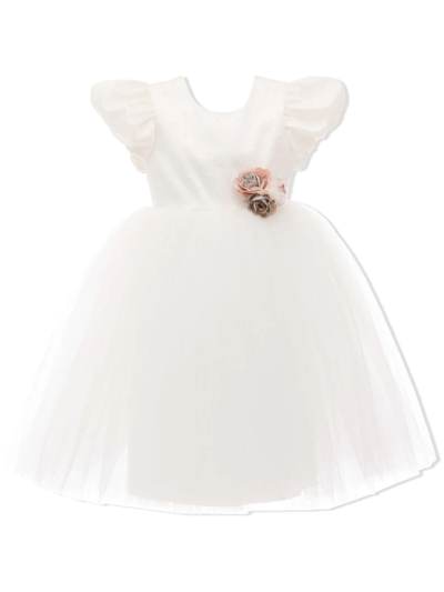 Tulleen Babies' Floral-appliqué Tulle Dress In White